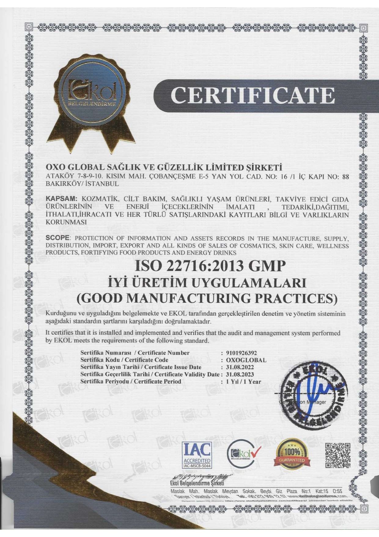 ISO 227162013 GMP İYİ ÜRETİM UYGULAMALARI (GOOD MANUFACTURING PRACTICES)